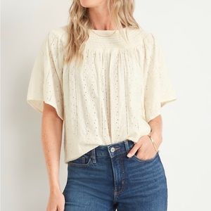 Flutter-Sleeve Smoked Embroidered Swing Blouse
